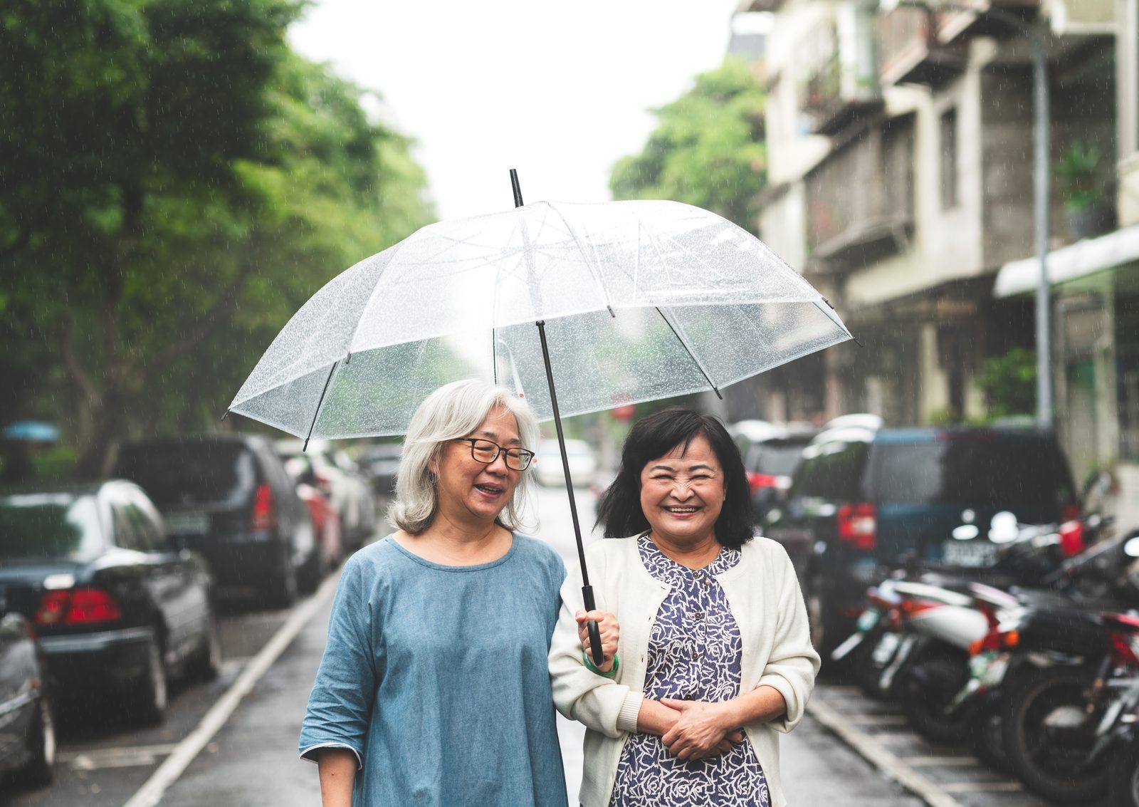 兩位銀髮女性在雨天街頭共撐透明傘