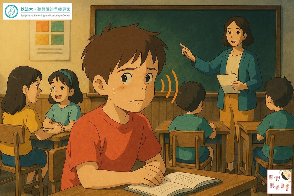 單側聽損學童在教室中因距離而聽不清楚老師說話的情境插圖